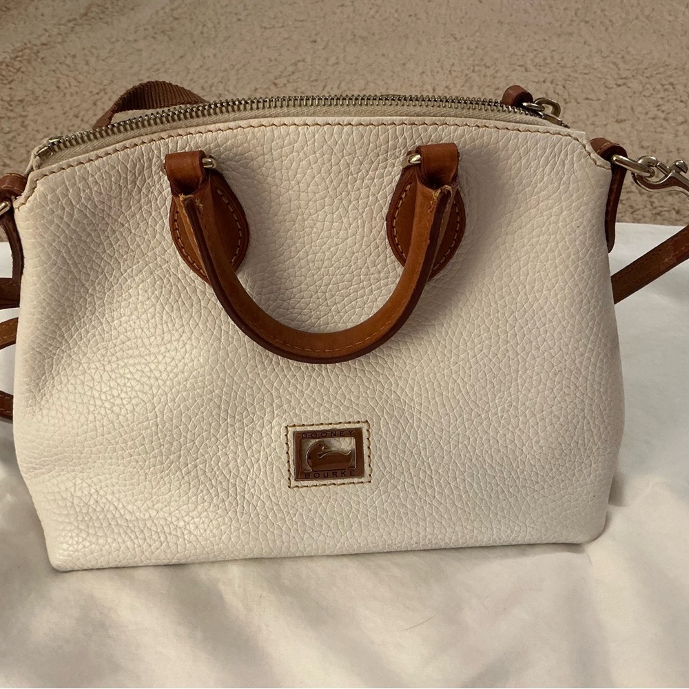 Dooney & Bourke Cream Pebbled Leather Satchel with Brown Trim and Handles